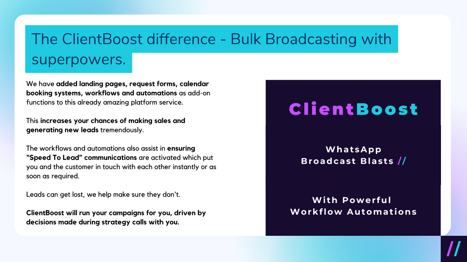ClientBoost done for you WhatsApp broadcast blasts